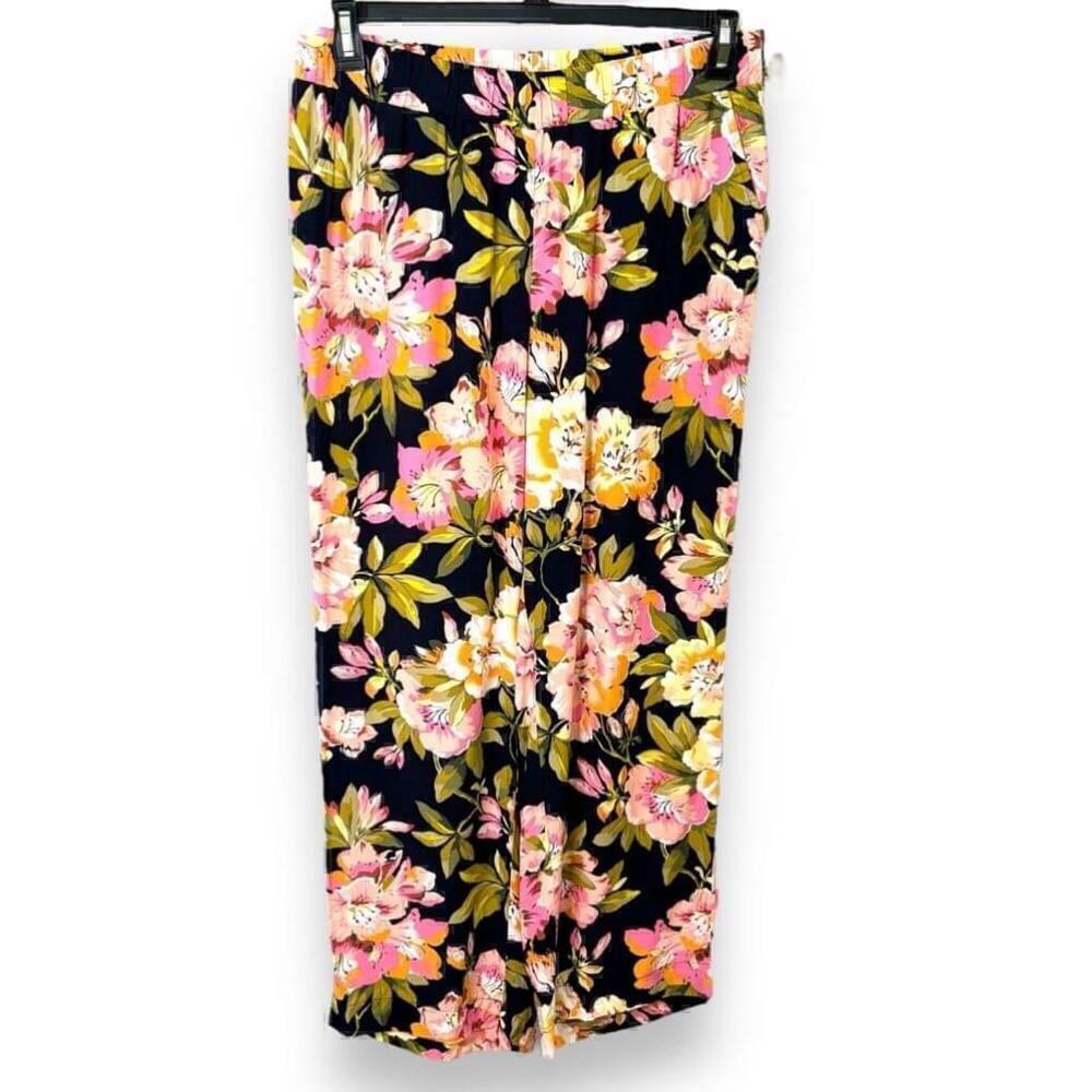 Loft Ann Taylor Women’s Navy Blue Peach Pink Floral Wide leg Pants - Size Medium
